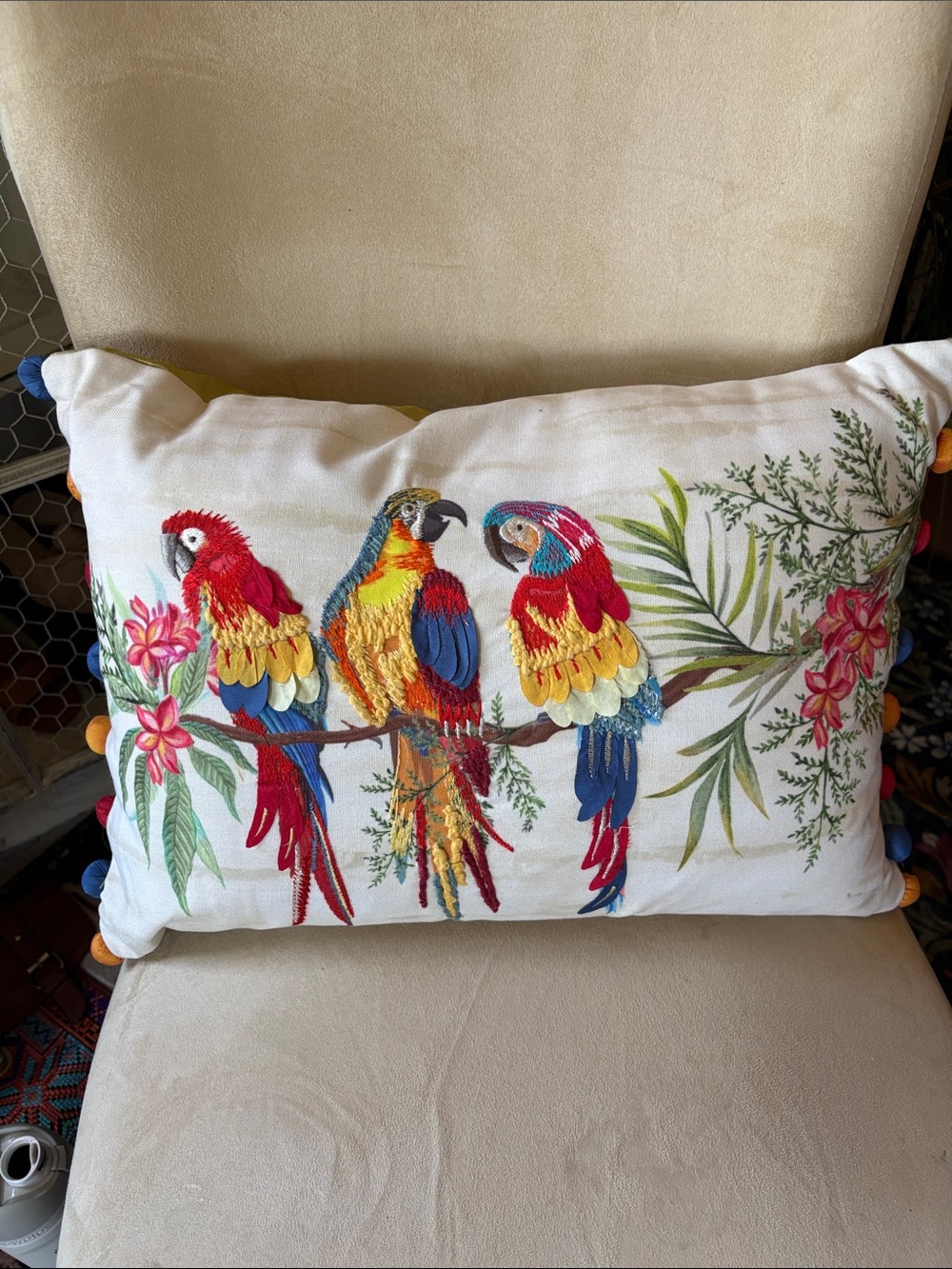 Embroidered Parrot Accent Pillow in Cream with Multicolor Detail